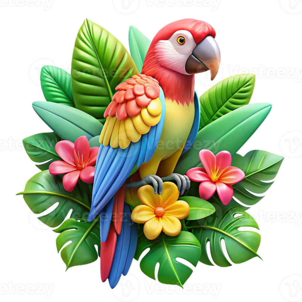 stunning traditional A colorful macaw perched on a branch, surrounded by lush tropical flowers, lit by bright sunlight, rendered in a vibrant, hyperrealistic style detailed png