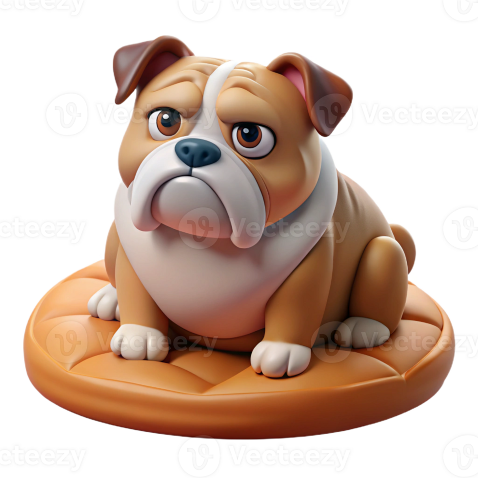 elegant abstract A grumpy-looking bulldog sitting on a plush dog bed, illuminated by warm indoor lighting, illustrated in a humorous, cartoon style authentic png