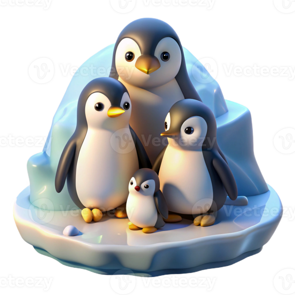 elegant vintage A family of penguins huddled together on a icy shore, illuminated by the cool light of a polar day, illustrated in a charming, children's book style genuine png