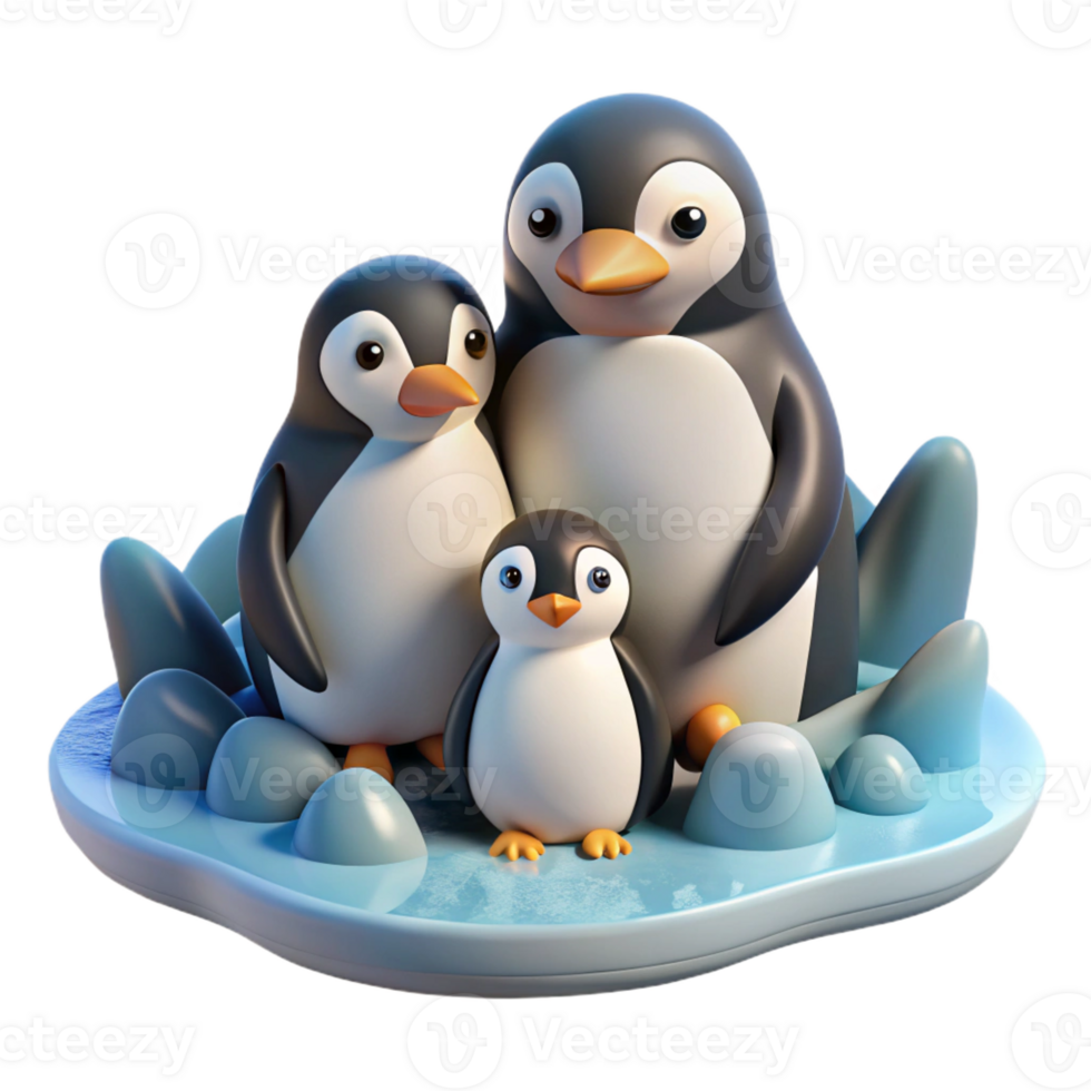 beautiful rustic A family of penguins huddled together on a icy shore, illuminated by the cool light of a polar day, illustrated in a charming, children's book style genuine png