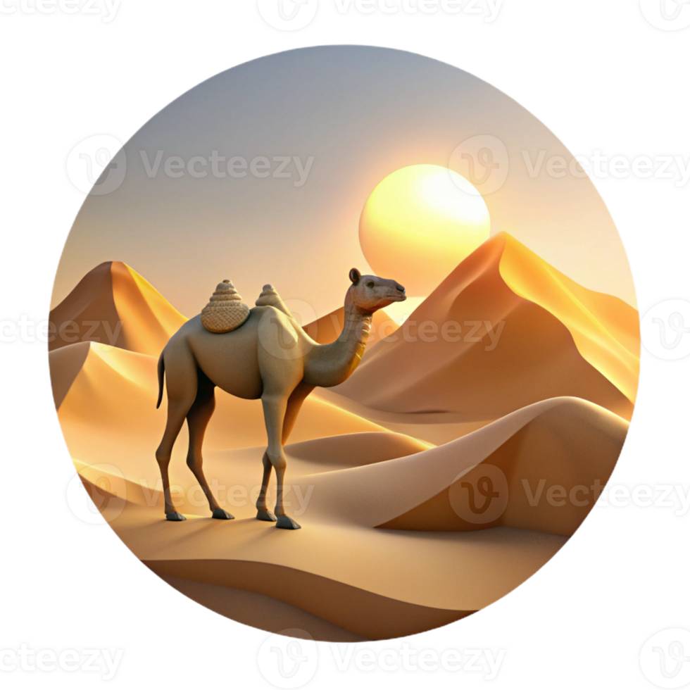 extraordinary creative A solitary camel trekking across a vast desert landscape, bathed in the golden light of sunset, painted in a dramatic, landscape painting style professional png