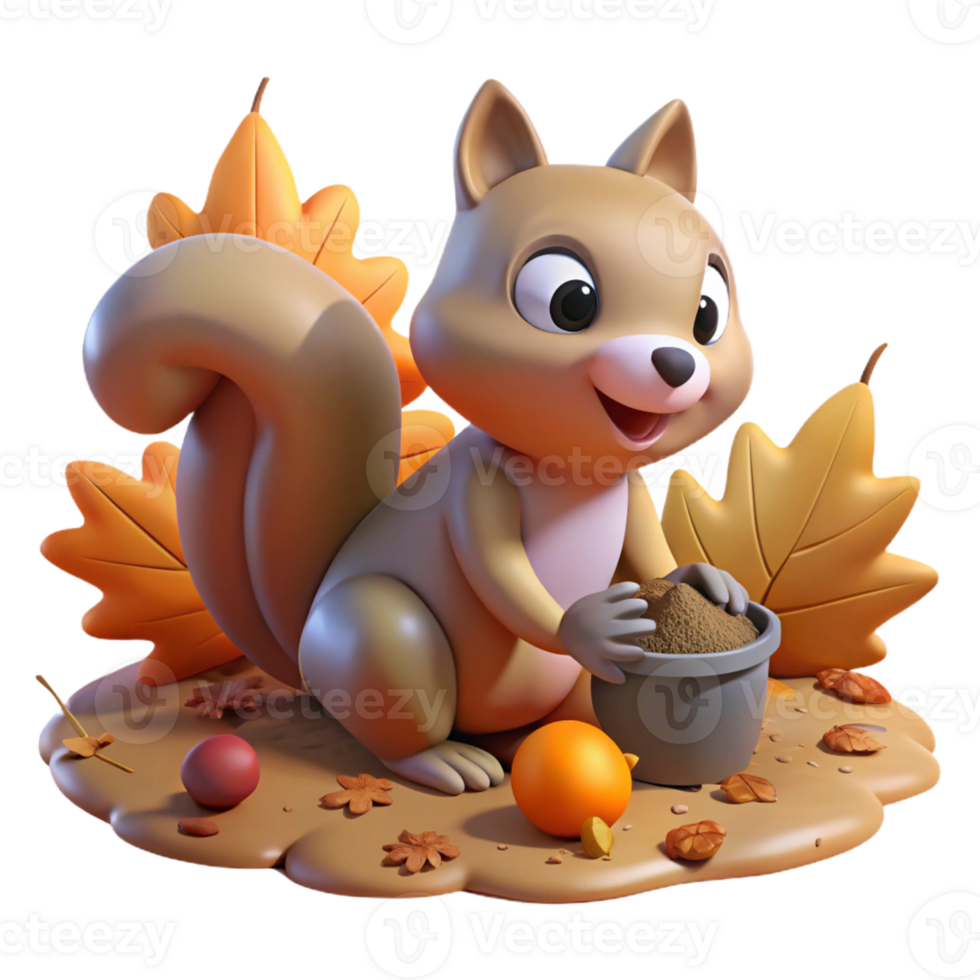 elegant rustic A playful squirrel burying a nut in the ground, surrounded by colorful autumn leaves, lit by warm afternoon sunlight, rendered in a charming, whimsical style premium png