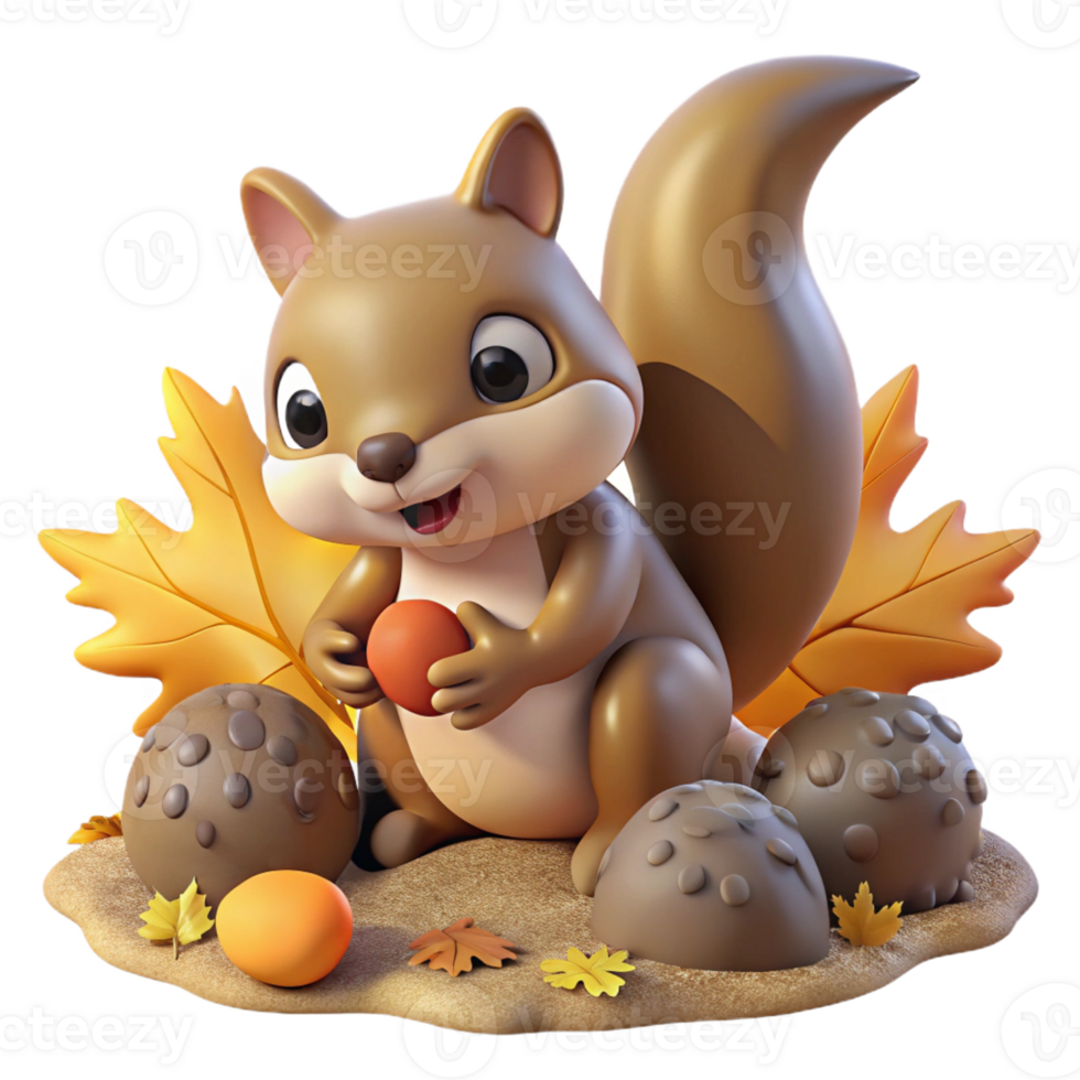 elegant contemporary A playful squirrel burying a nut in the ground, surrounded by colorful autumn leaves, lit by warm afternoon sunlight, rendered in a charming, whimsical style genuine png