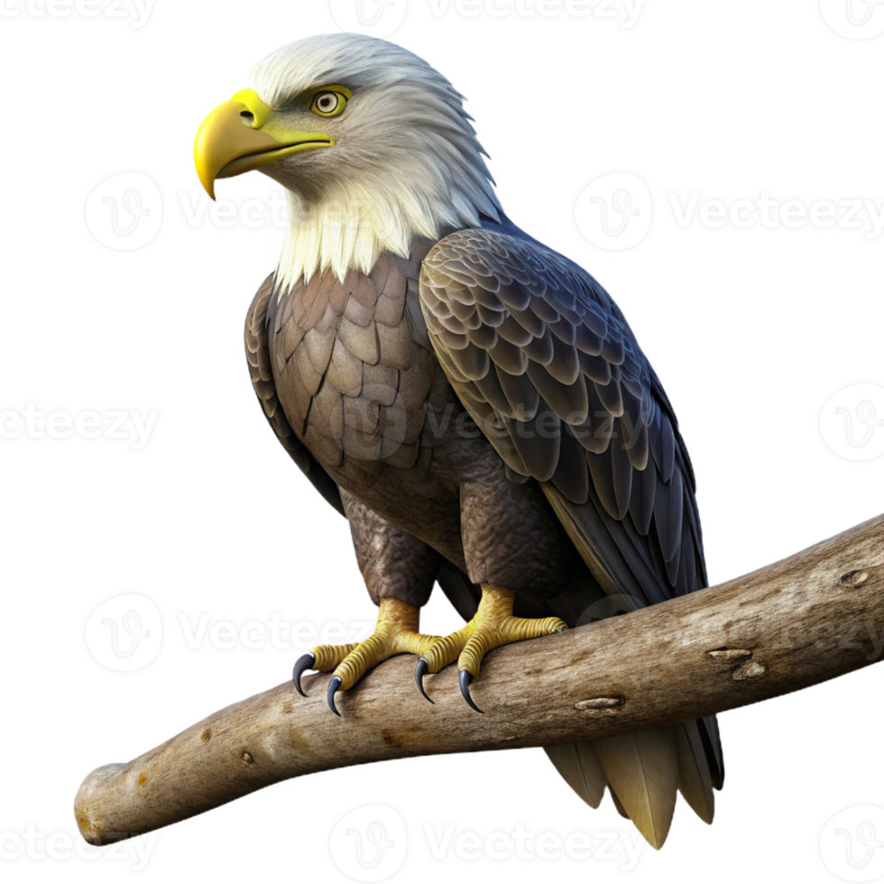magnificent creative A regal bald eagle perched on a weathered branch, gazing intently at the viewer, dramatic chiaroscuro lighting. Photorealistic style genuine png
