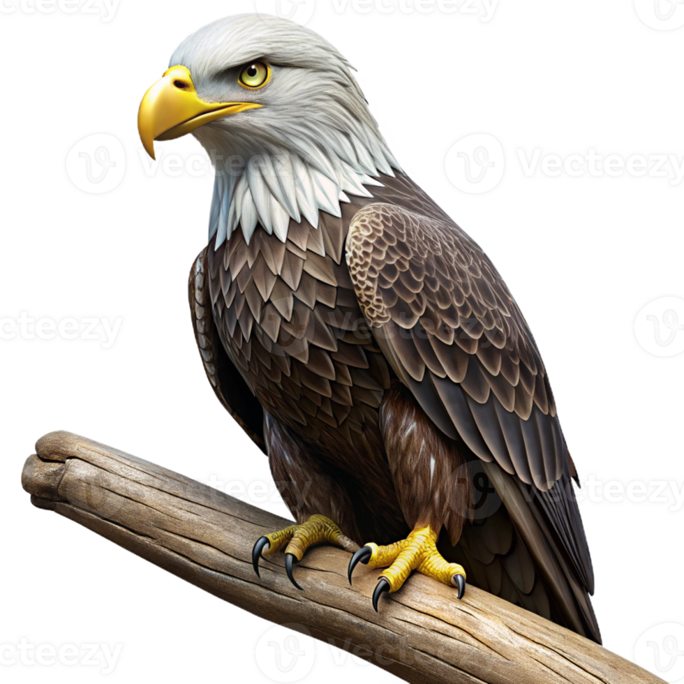 elegant artistic A regal bald eagle perched on a weathered branch, gazing intently at the viewer, dramatic chiaroscuro lighting. Photorealistic style high quality png