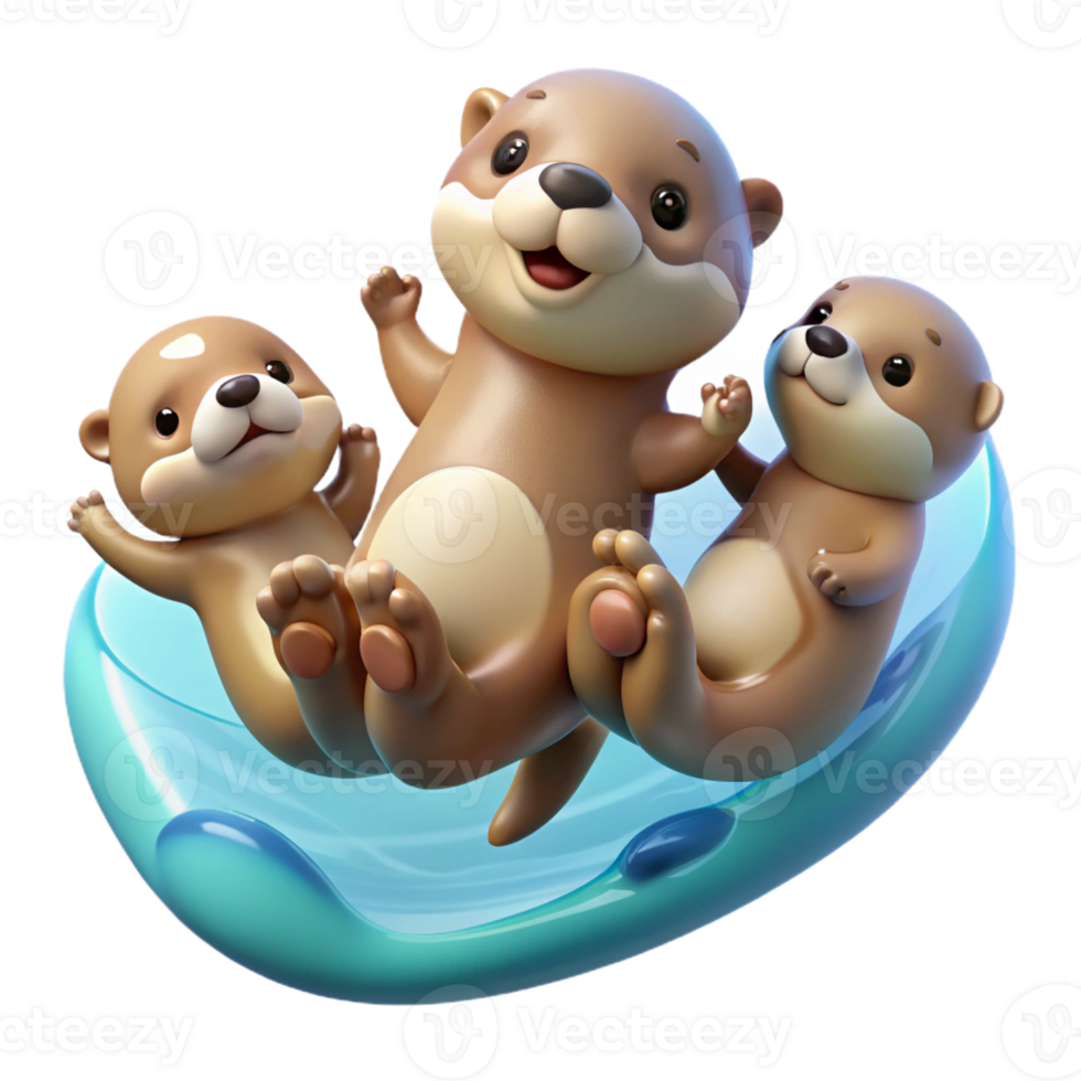 dramatic minimalist A family of playful otters holding hands, floating on their backs in crystal clear water, soft, diffused lighting. Cartoon style professional png