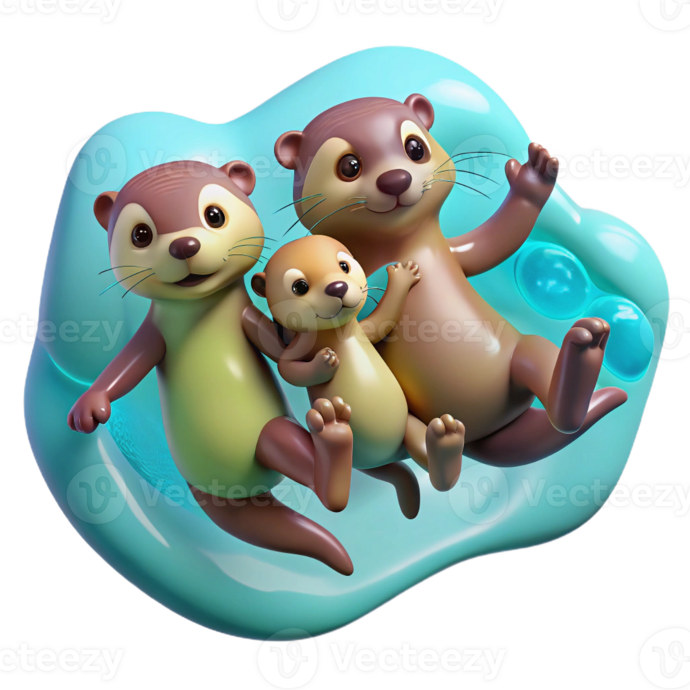 wonderful minimalist A family of playful otters holding hands, floating on their backs in crystal clear water, soft, diffused lighting. Cartoon style high resolution png