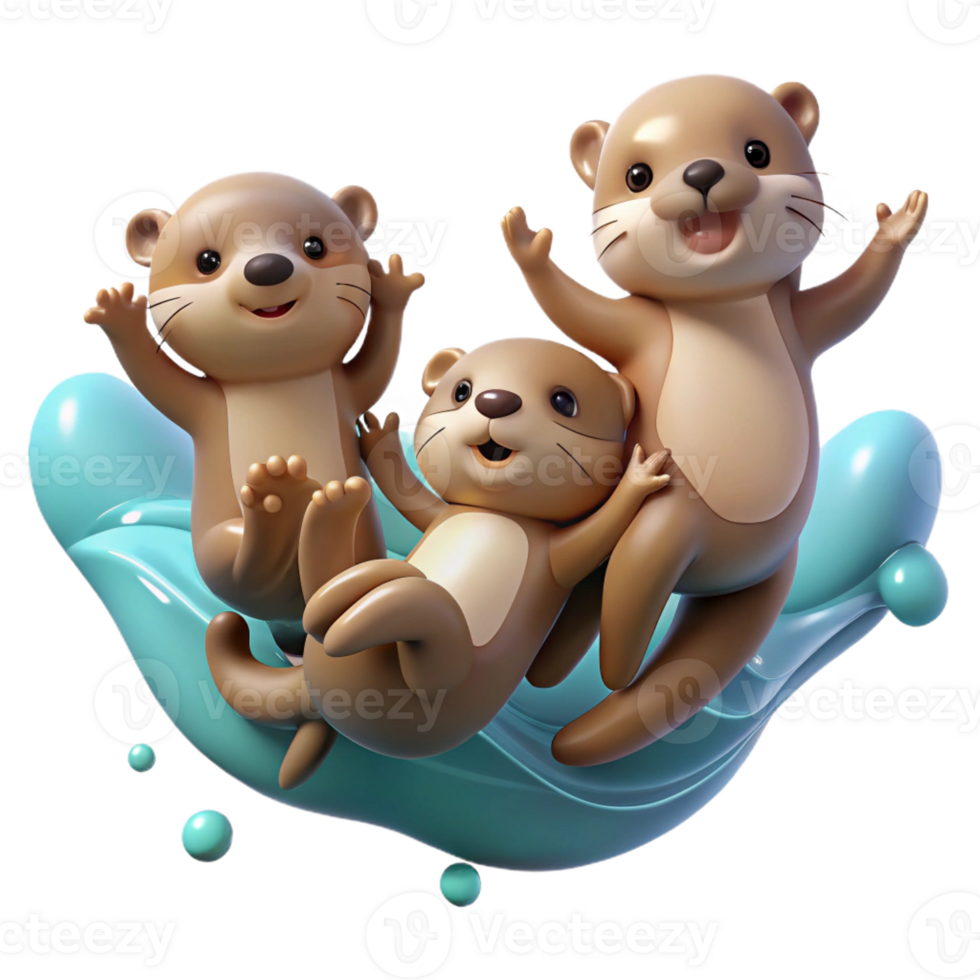 dramatic artistic A family of playful otters holding hands, floating on their backs in crystal clear water, soft, diffused lighting. Cartoon style genuine png