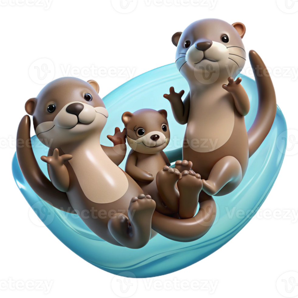 magnificent classic A family of playful otters holding hands, floating on their backs in crystal clear water, soft, diffused lighting. Cartoon style high quality png