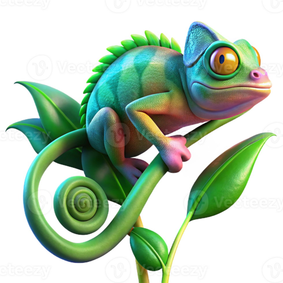 wonderful rustic A vibrant chameleon clinging to a lush green vine, displaying an array of iridescent colors, backlighting emphasizing its texture. Macro photography style premium png