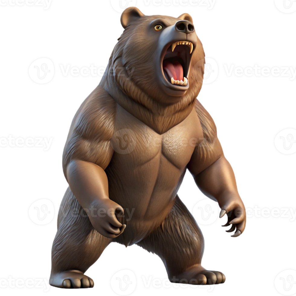 vibrant modern A powerful grizzly bear standing on its hind legs, roaring towards the sky, dynamic lighting emphasizing its muscular build. Wildlife photography style detailed png