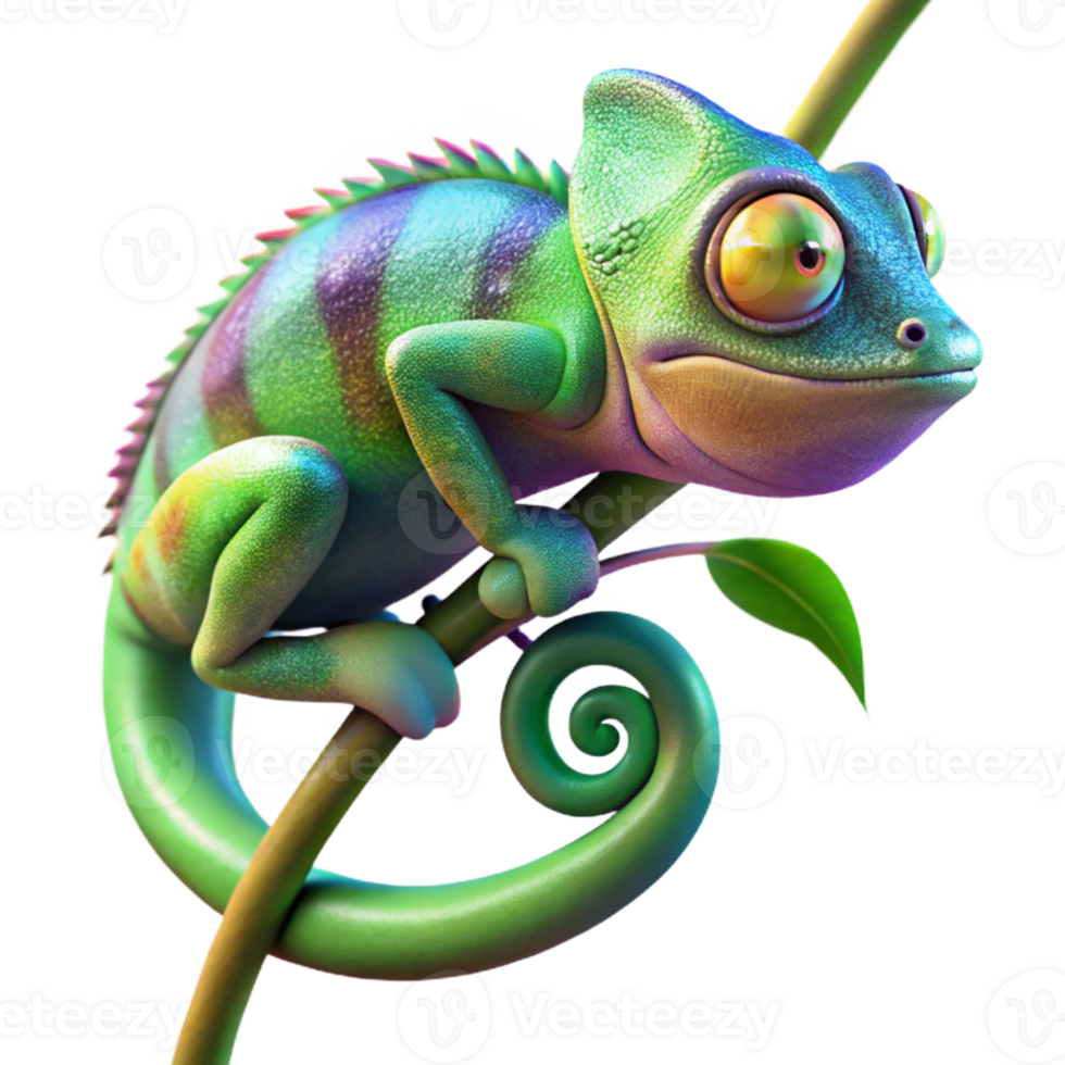 beautiful abstract A vibrant chameleon clinging to a lush green vine, displaying an array of iridescent colors, backlighting emphasizing its texture. Macro photography style high resolution png