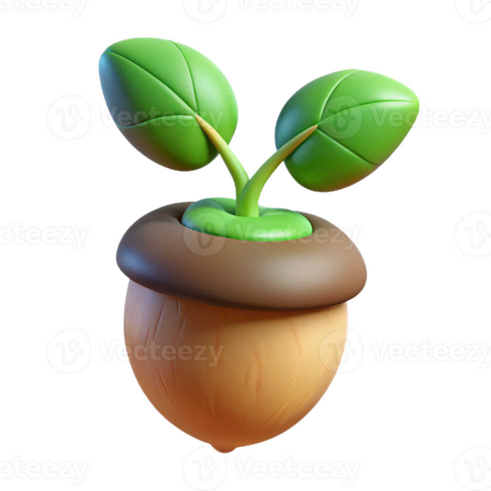 serene creative A sprouting acorn with a tiny oak tree emerging, soft light, hopeful and vibrant, illustrative style high quality png