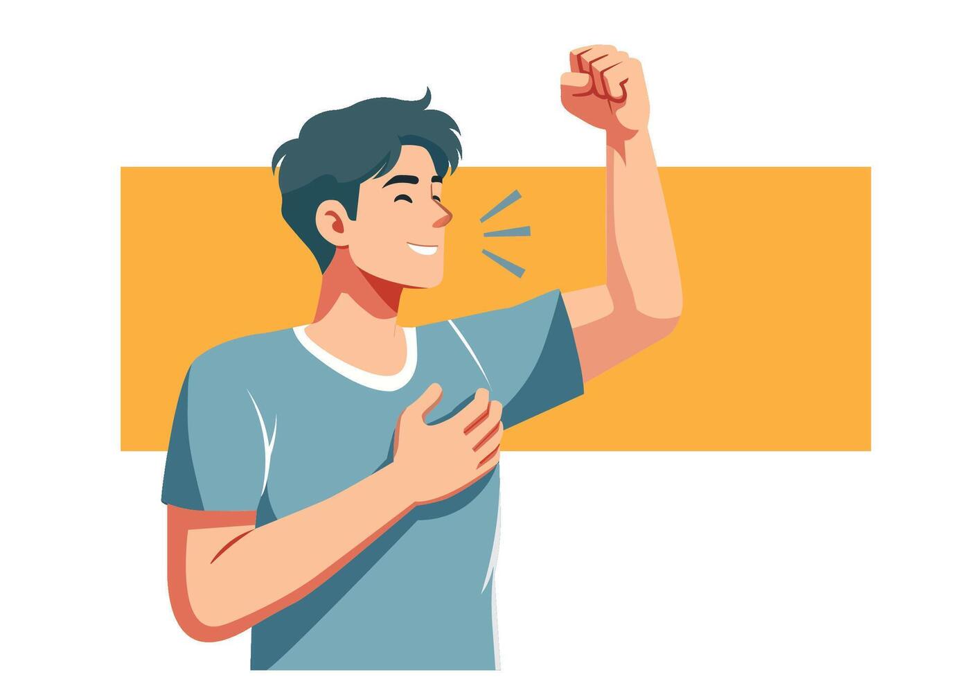 The young man shows his joy by raising his fist. vector