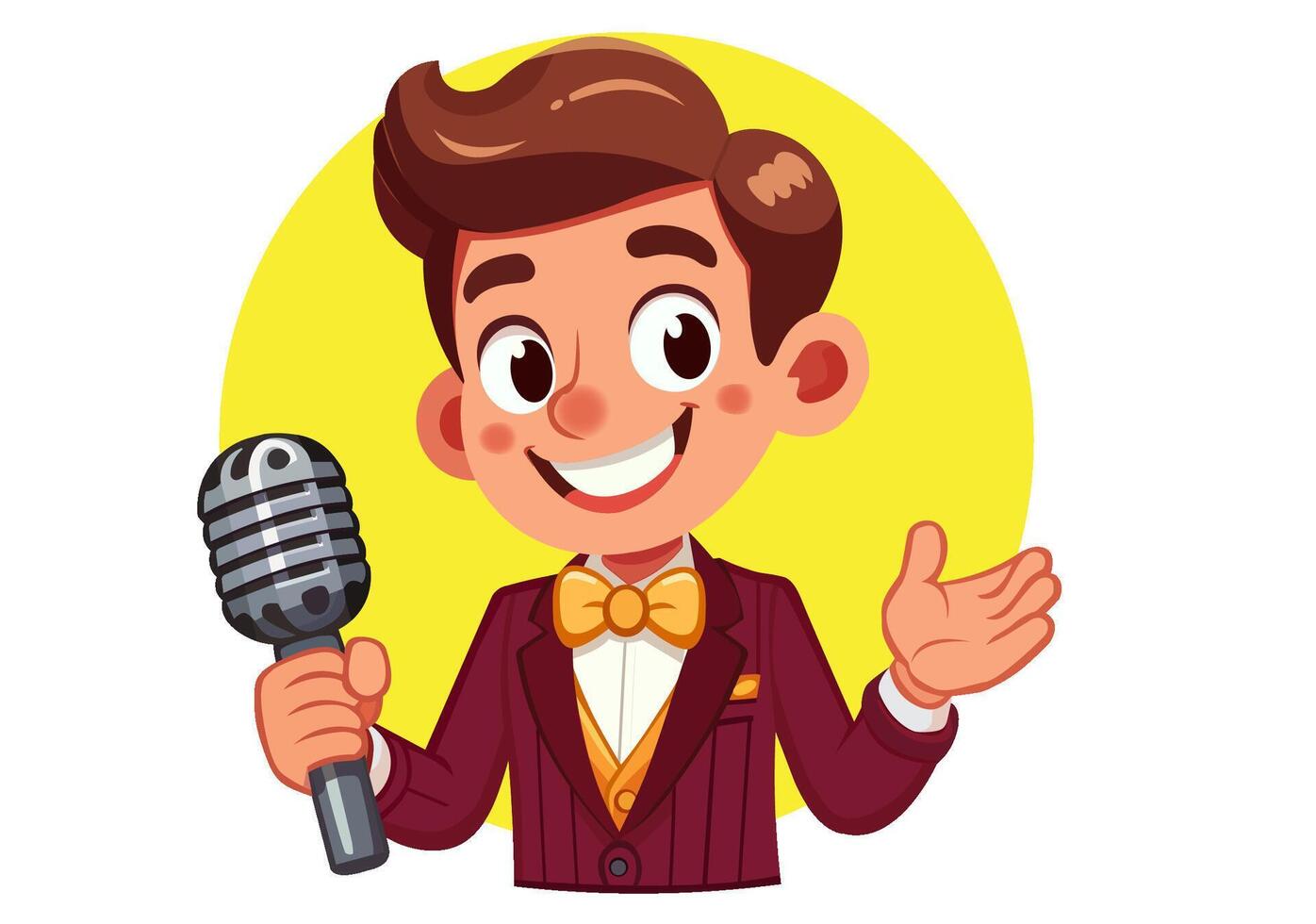 A young man in a bright suit stands holding a microphone and sings. vector