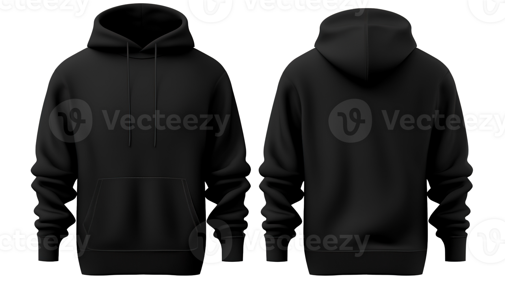 Set of Black Front and Back View Hoodie Mockup Isolated on the Transparent png