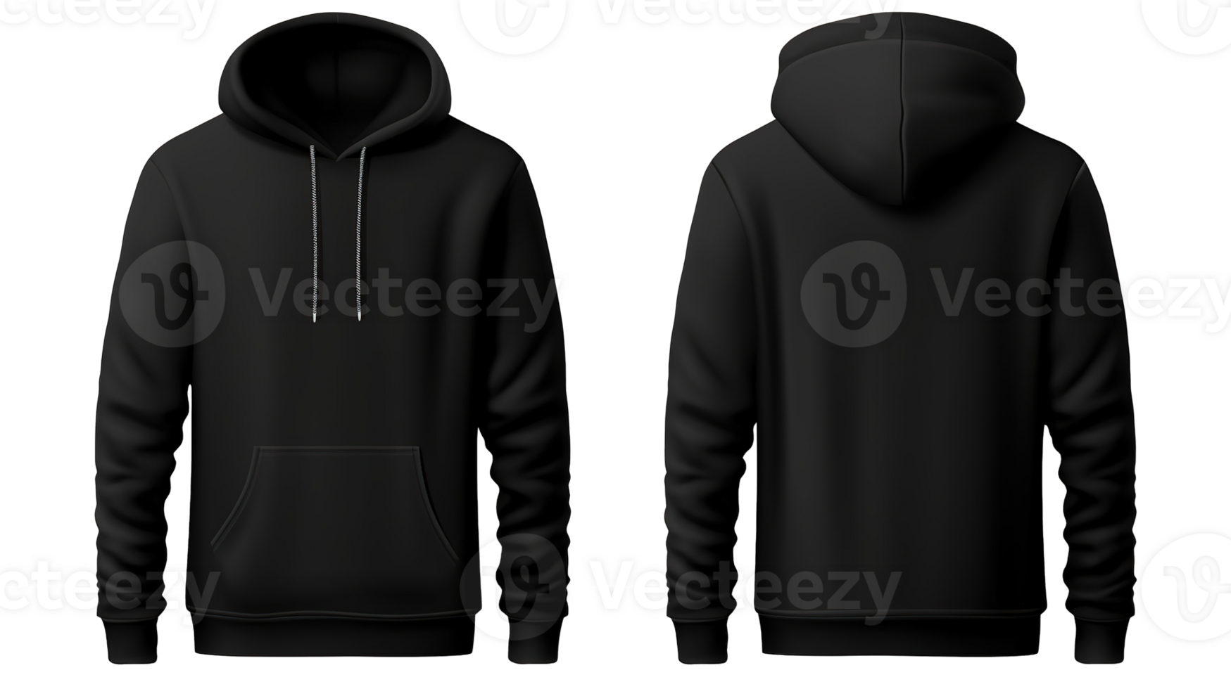 Set of Black Front and Back View Hoodie Mockup Isolated on the Transparent Background png
