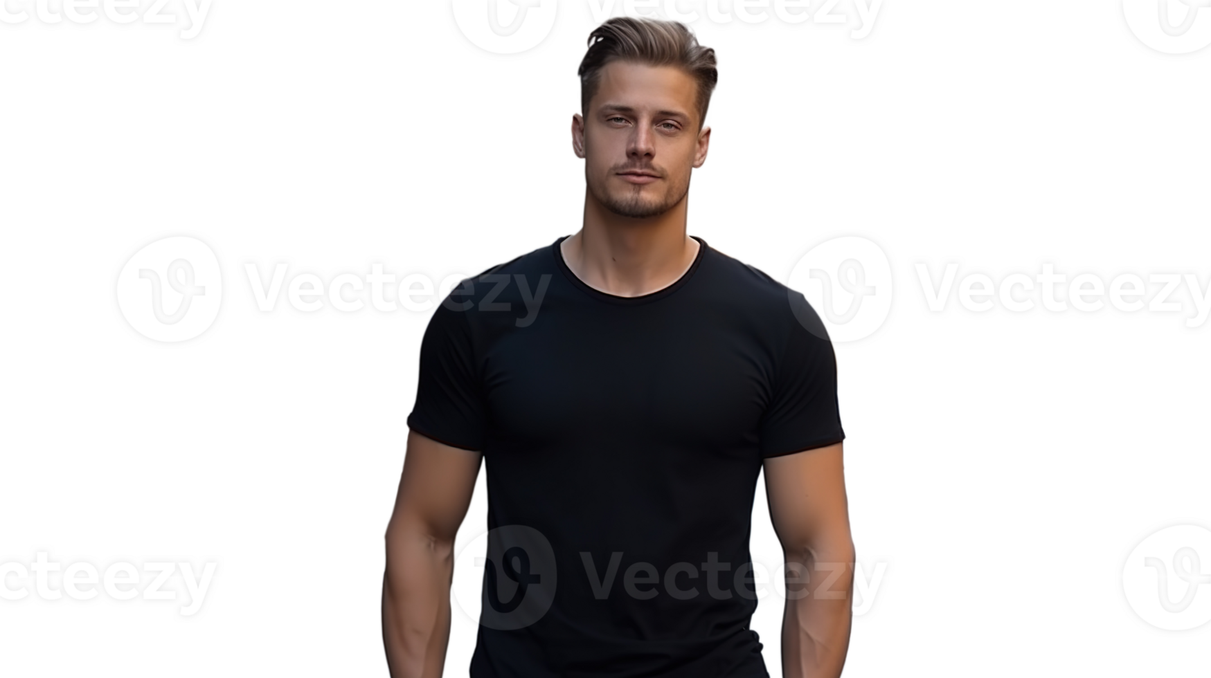 Man Posing in Black Tee Shirt Mockup on Transparent Background. Shirt Mockup png