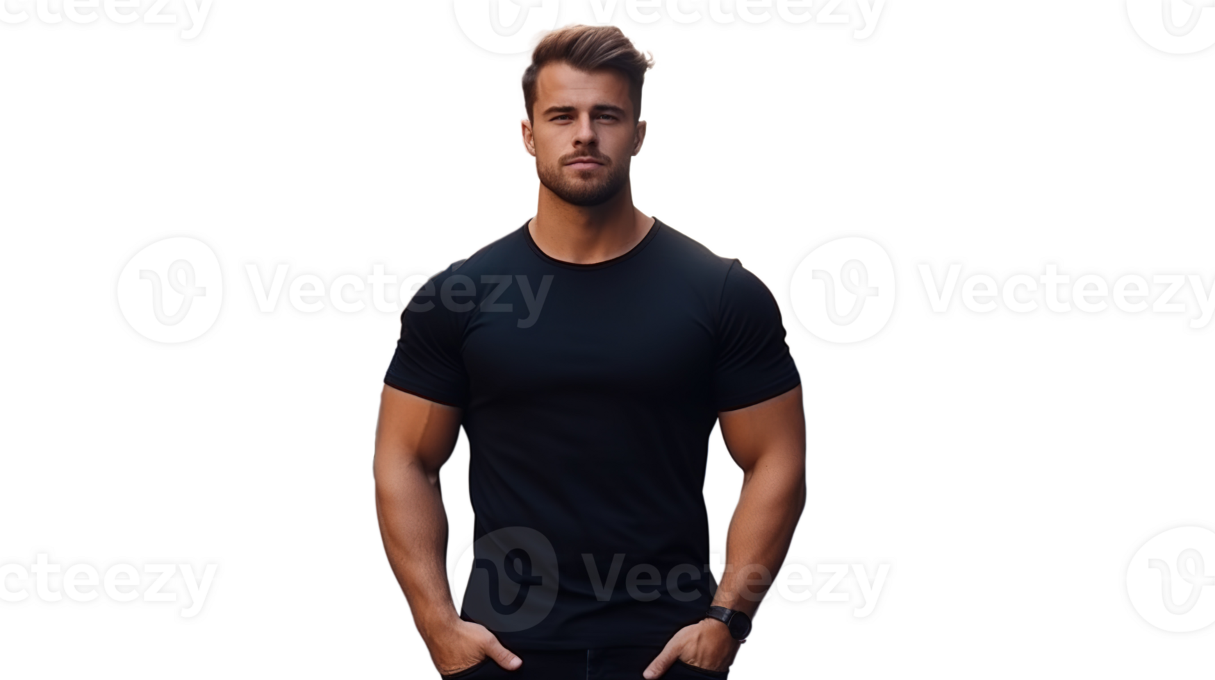 Man Posing and Wearing Black Tee Shirt Mockup Placement on the Transparent. Shirt Mockup png