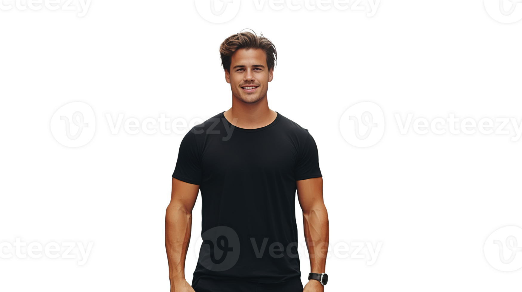 Man Posing in Black Tee Shirt Mockup on Transparent Background. Shirt Mockup Template png