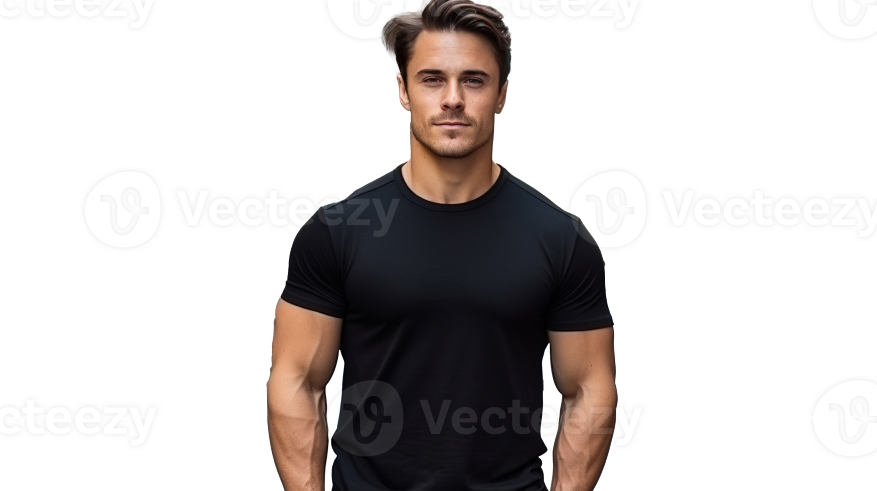 Man Wearing Black Tee Shirt Mockup on Transparent. Shirt Mockup Template png