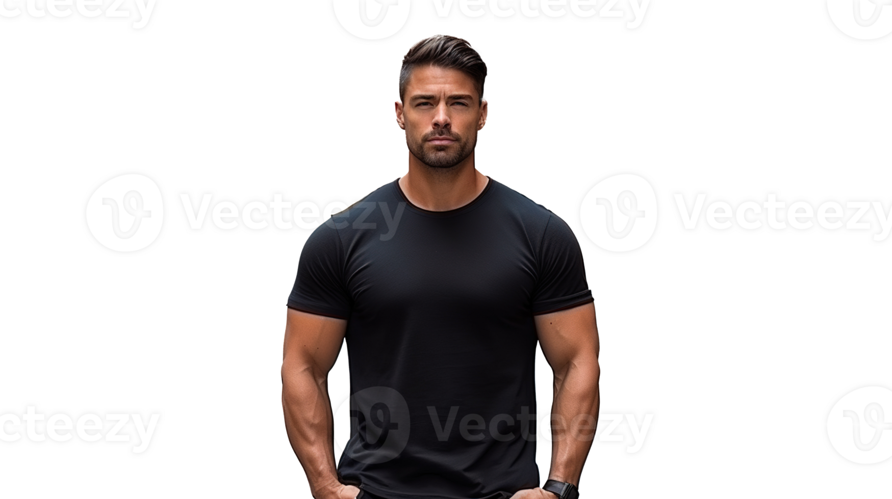 Man Posing and Wearing Black Tee Shirt Mockup Placement on the Transparent. Shirt Mockup Template png