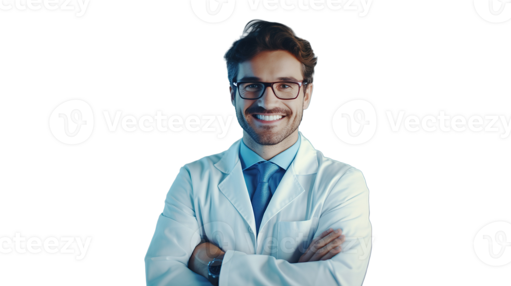 Young Male Scientist in Modern Medical Laboratory with Crowded Setting on Transparent Background png