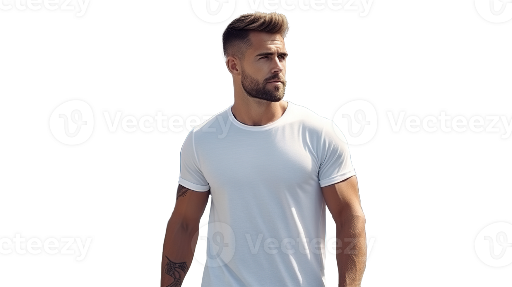 Male Wearing White T-shirt Mockup Template on Transparent. Casual Shirt Design Placement png