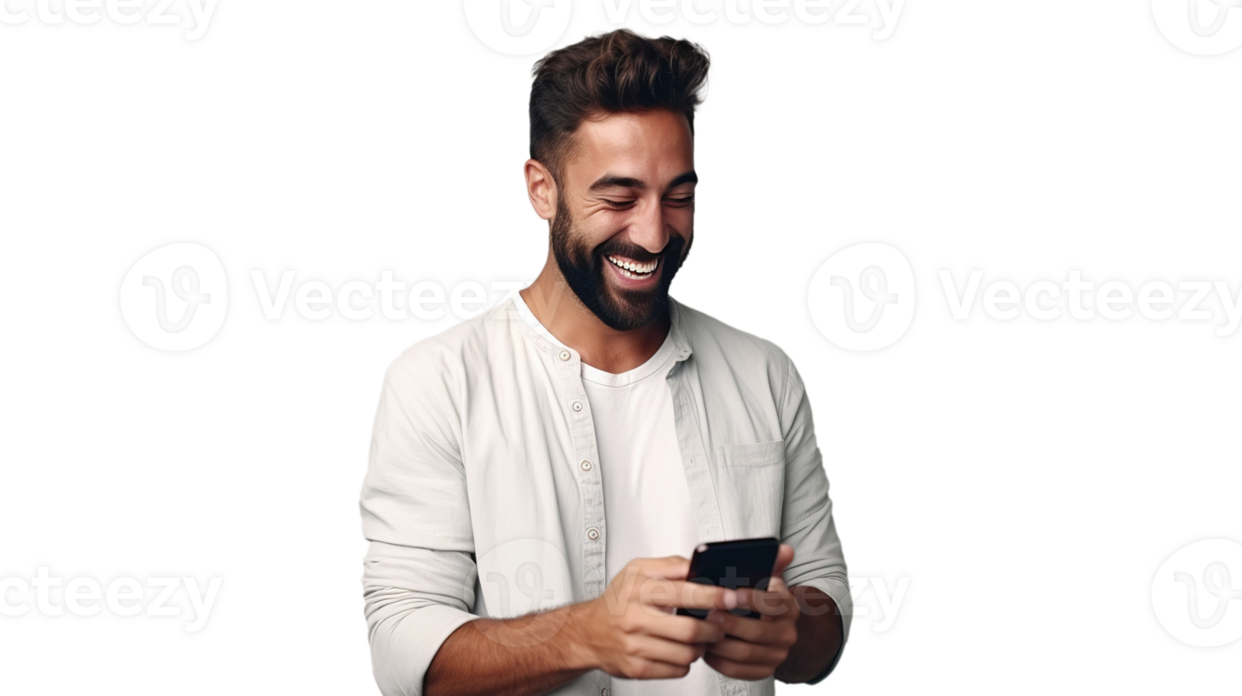 Smiling Man Holding a Phone Isolated on Transparent Background png