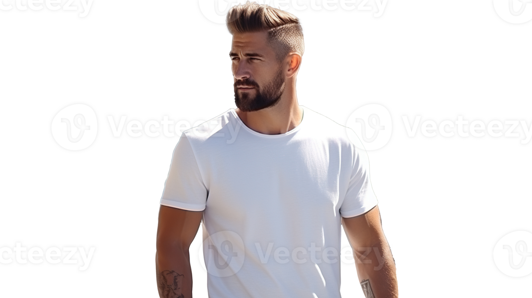 Man Wearing White Tee Shirt Mockup Placement on Transparent. Shirt Mockup Template. Male Wearing Tee Shirt png
