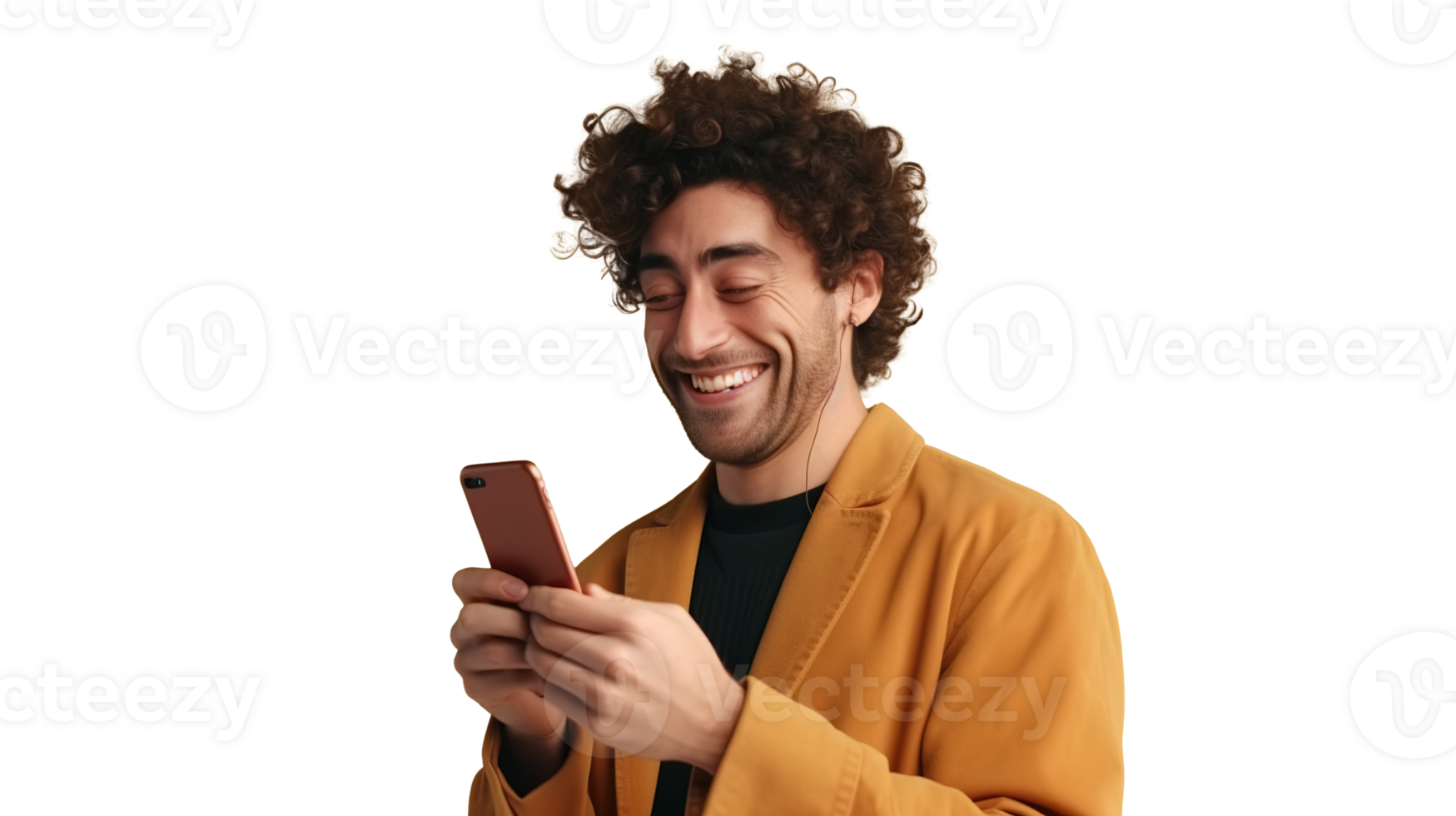 Joyful Man with Mobile Phone Isolated on Transparent png