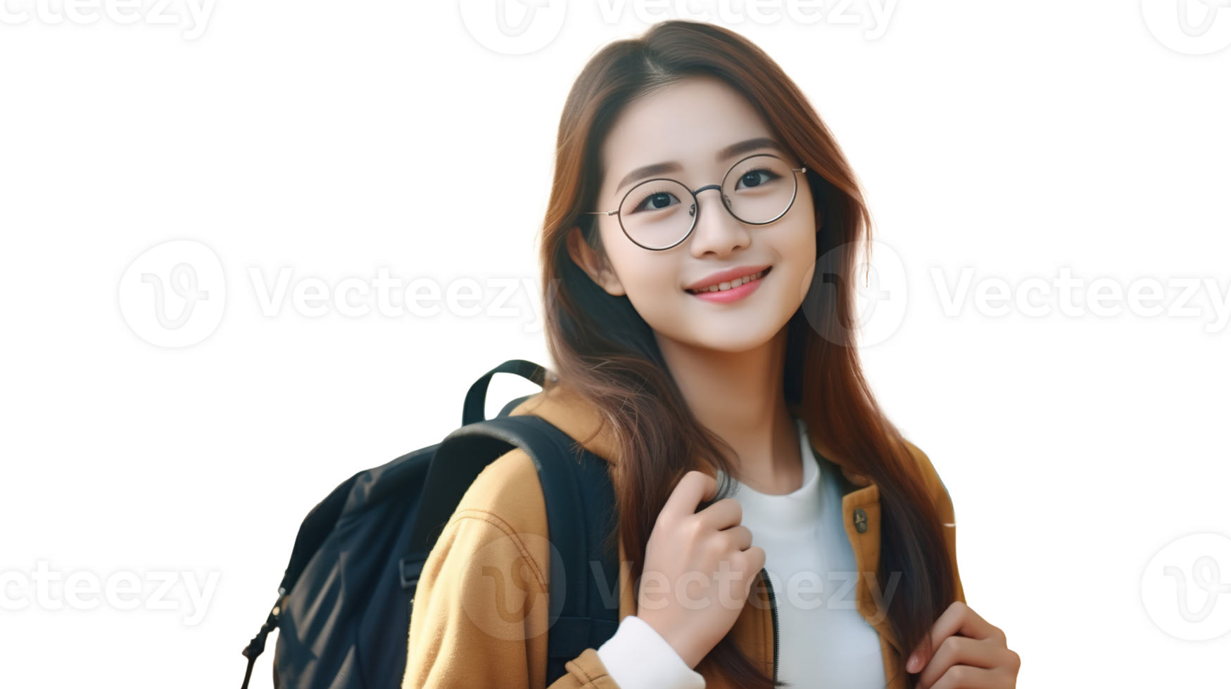 Happy Asian Schoolgirl with Backpack and Glasses Isolated on Transparent. Studying, Knowledge png