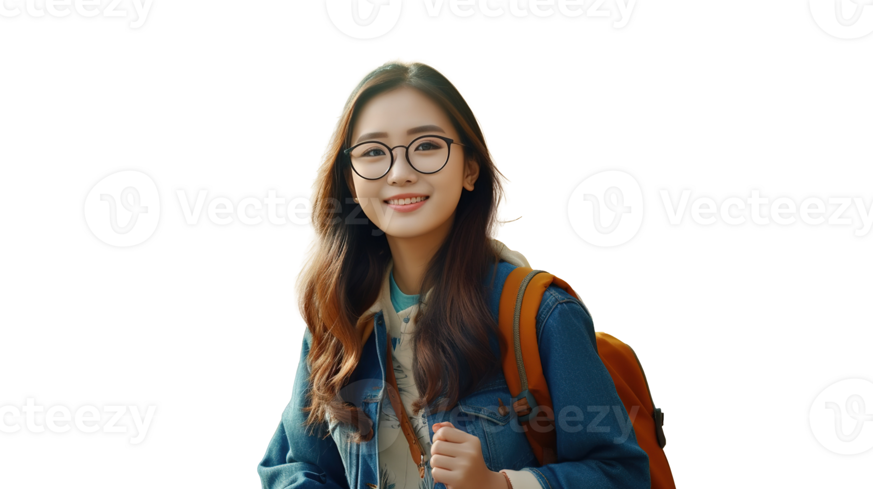 Smart Asian Student Girl with Backpack and Glasses on Transparent Background. Education png