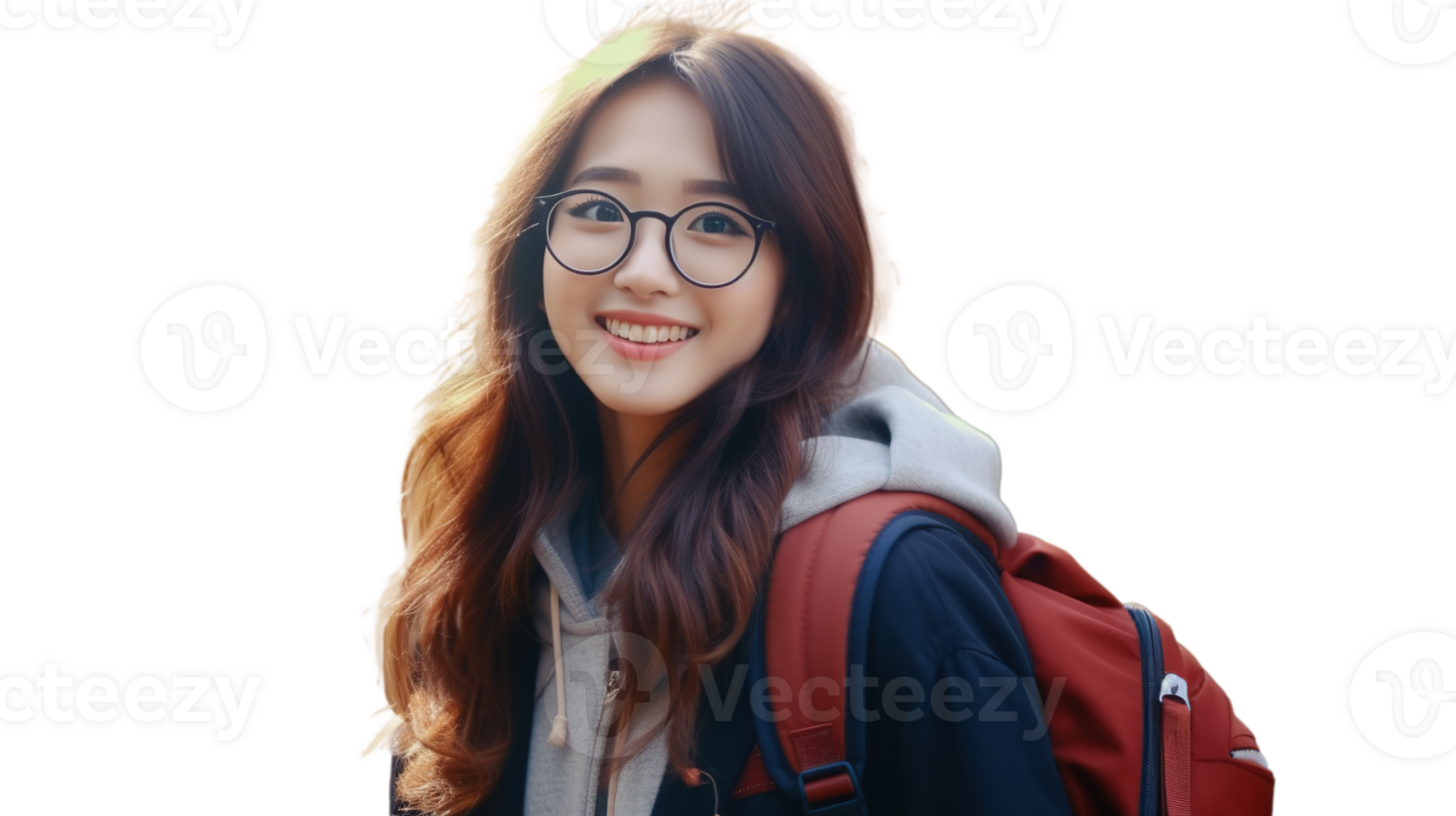 Smart Asian Student Girl with Backpack and Glasses on Transparent Background. Education, Learning png