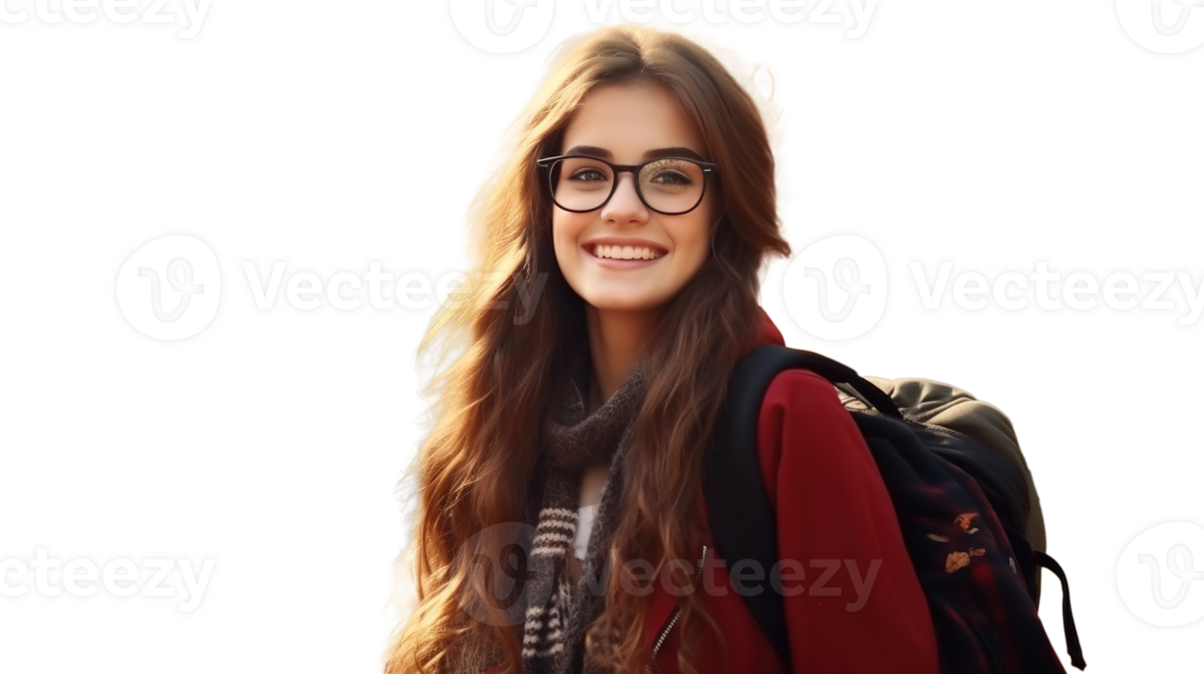 Cheerful Young Student Girl Wearing Glasses and Backpack on Transparent. Study png