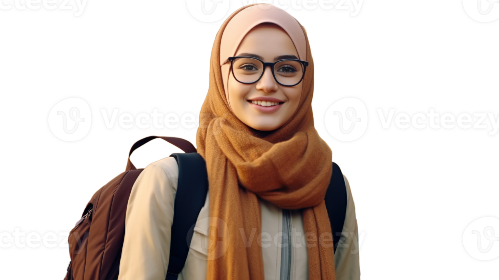 Happy Female Student Wearing Hijab with Glasses and Bag on Transparent. University, Knowledge png