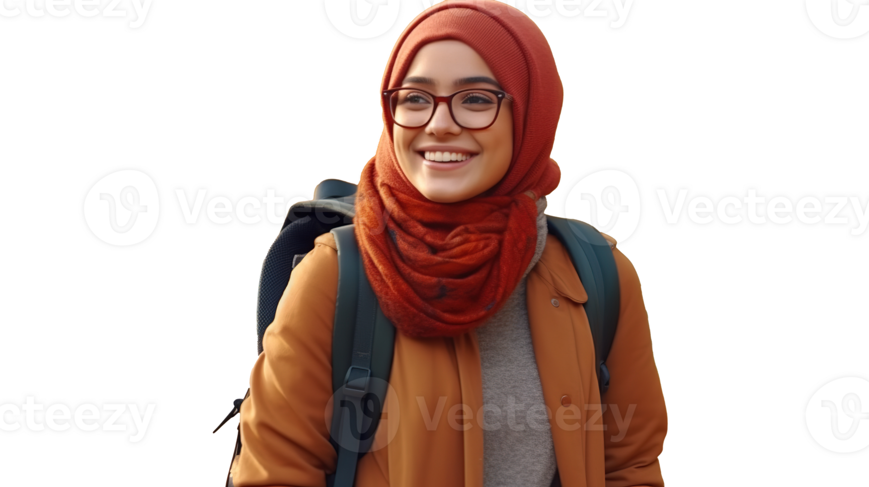 Beautiful Student Smiling Girl with Hijab Backpack Glasses in Transparent, Autumn. Education png