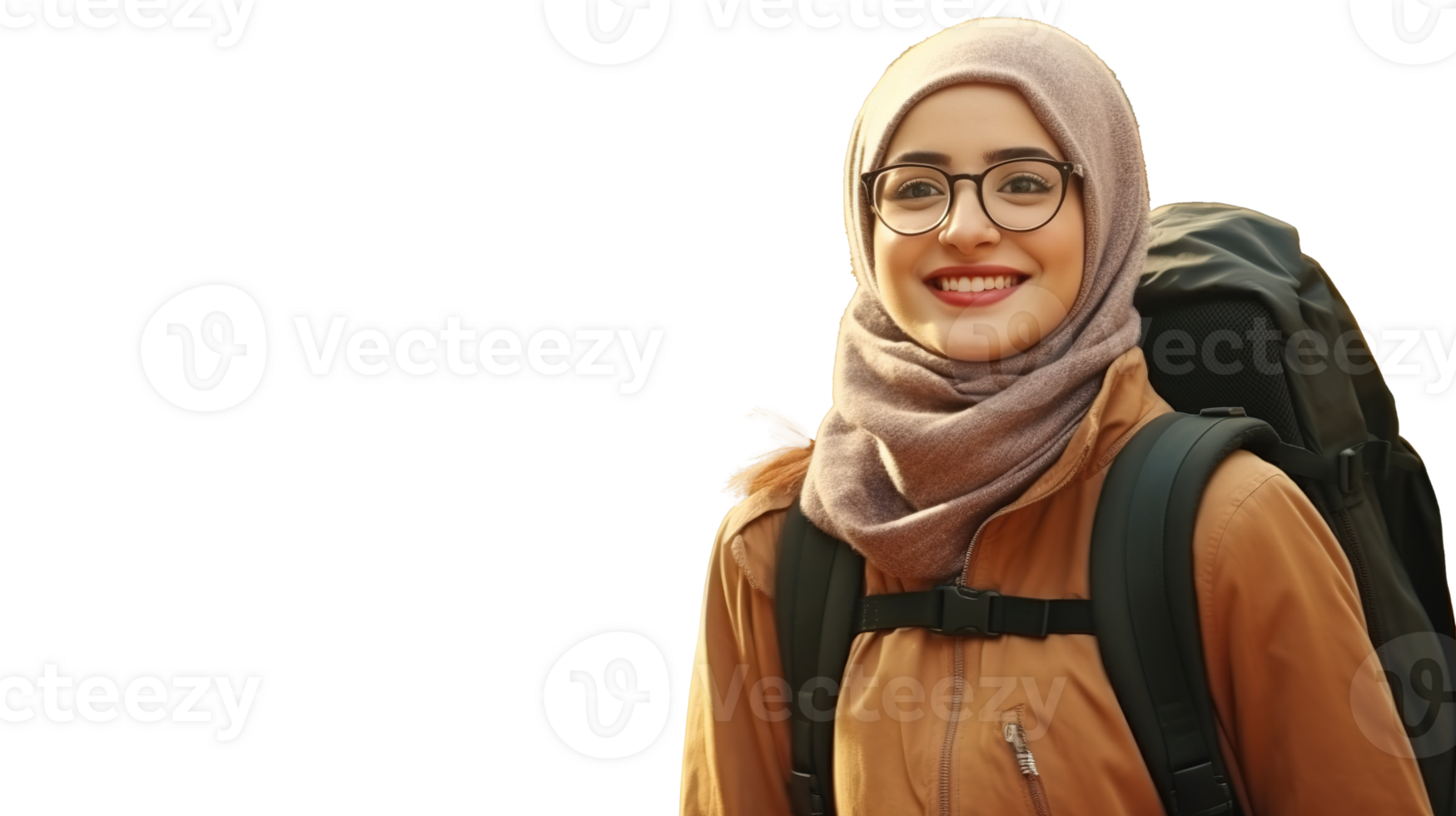 Cheerful Hijabi Student with Backpack and Glasses on Transparent Background, Autumn Season. Education, png