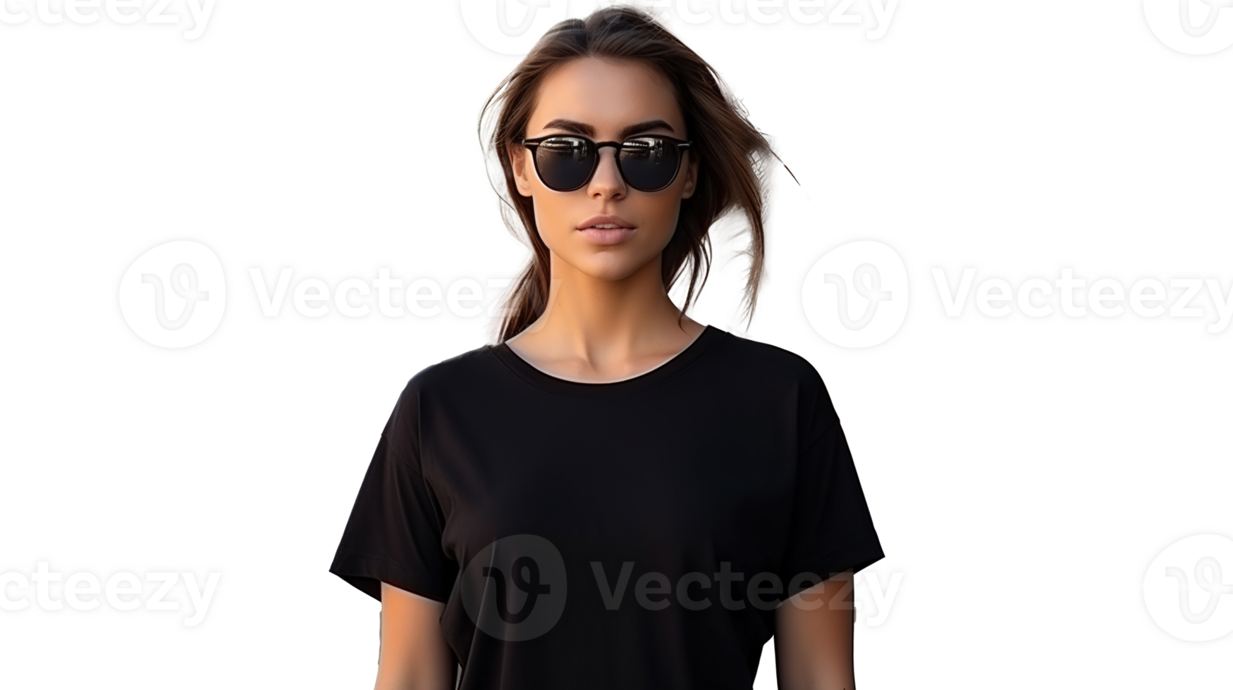 Woman Posing and Wearing Black Tee Shirt Mockup Placement on Transparent. Shirt Mockup Template png