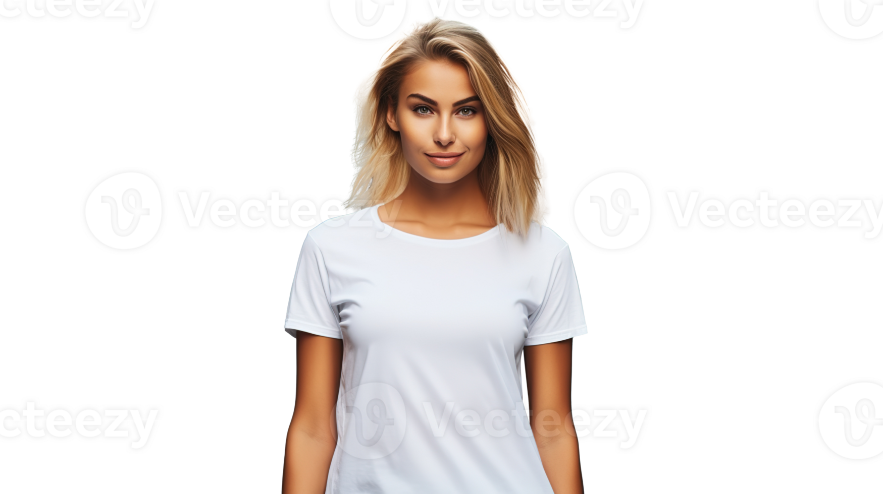 Female Model Wearing White T-Shirt Mockup on Transparent. Blank Shirt Template png