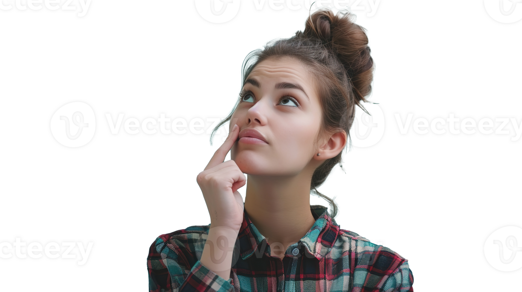 Thoughtful Woman Looking Up Isolated on Transparent Background. Thinking, Idea png