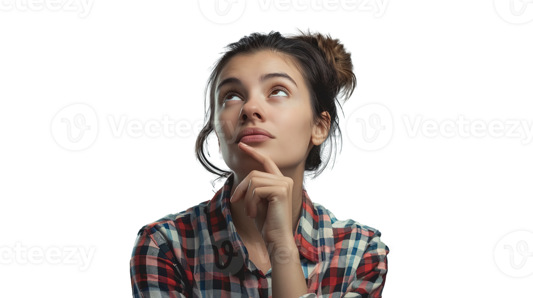Woman Looking Up Thinking Isolated on Transparent Background. Think, Thought, Female, Lady, Girl, Idea, Innovation, Finger, Imagine png