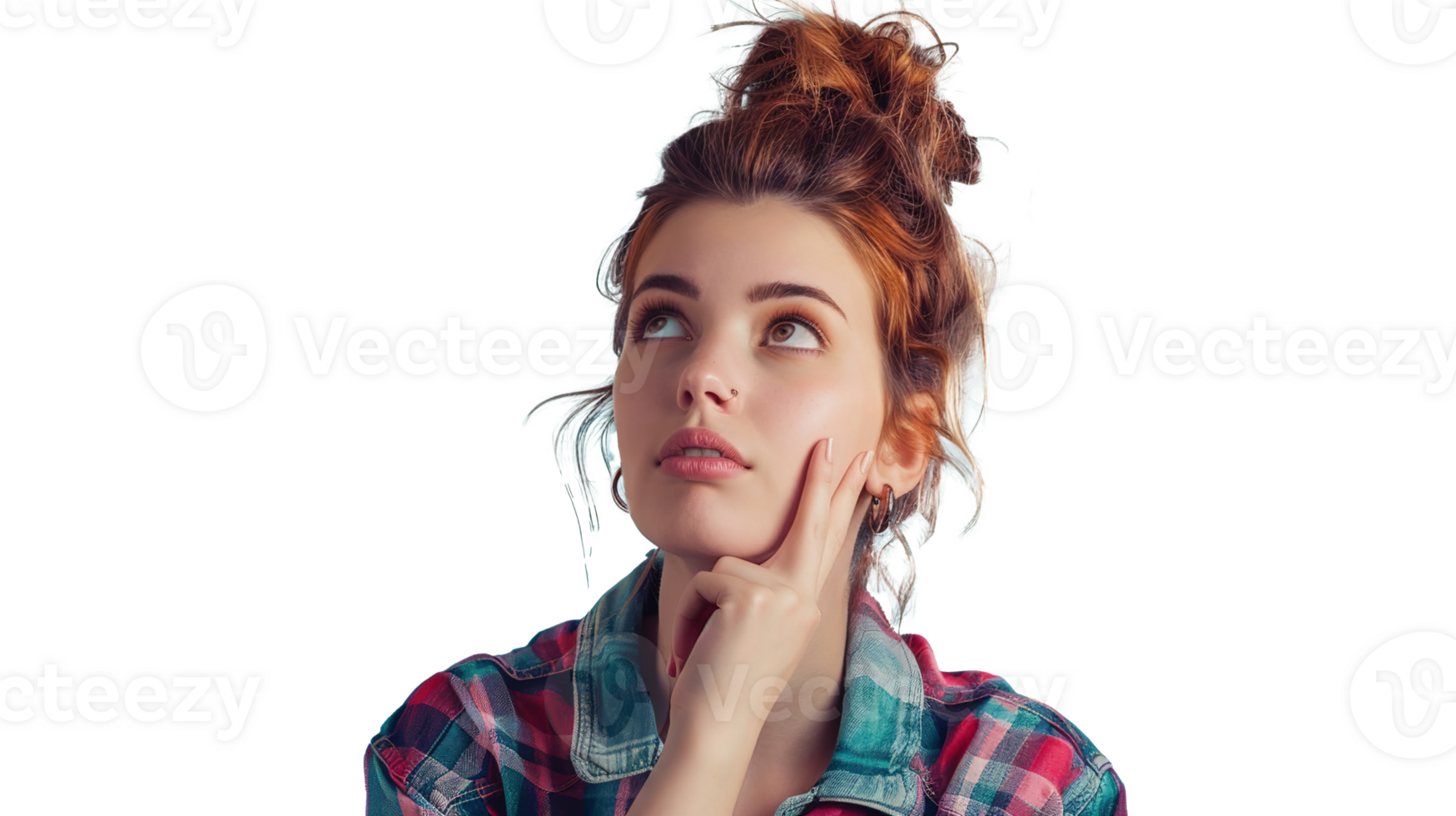 Woman Looking Up Thinking Isolated on Transparent Background. Think, Thought, Female, Lady, Girl, Idea, Innovation, Finger png