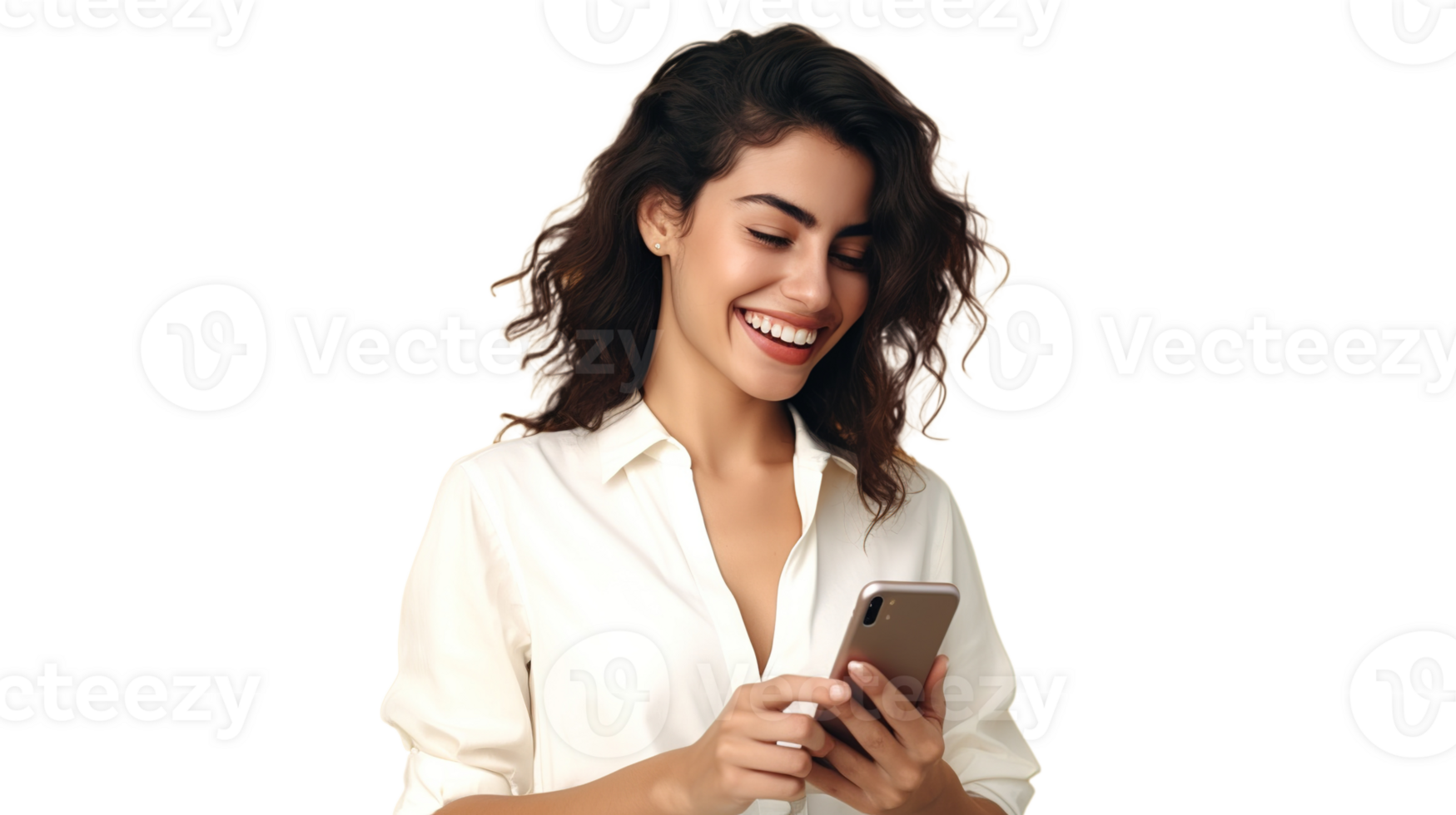 Smiling Lady Using Mobile Phone Isolated at Transparent png