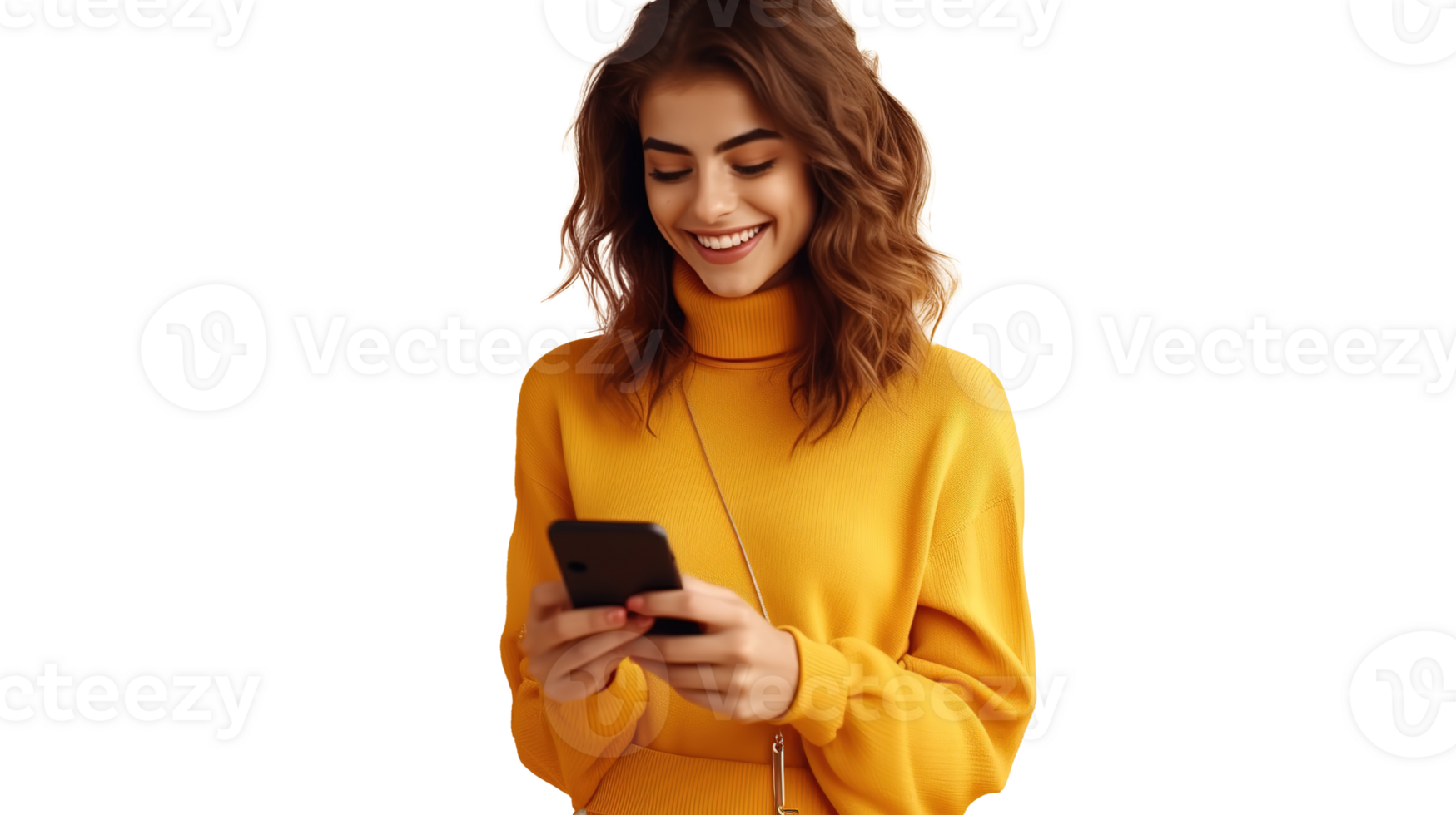 Smiling Lady Using Mobile Phone Isolated on Transparent png