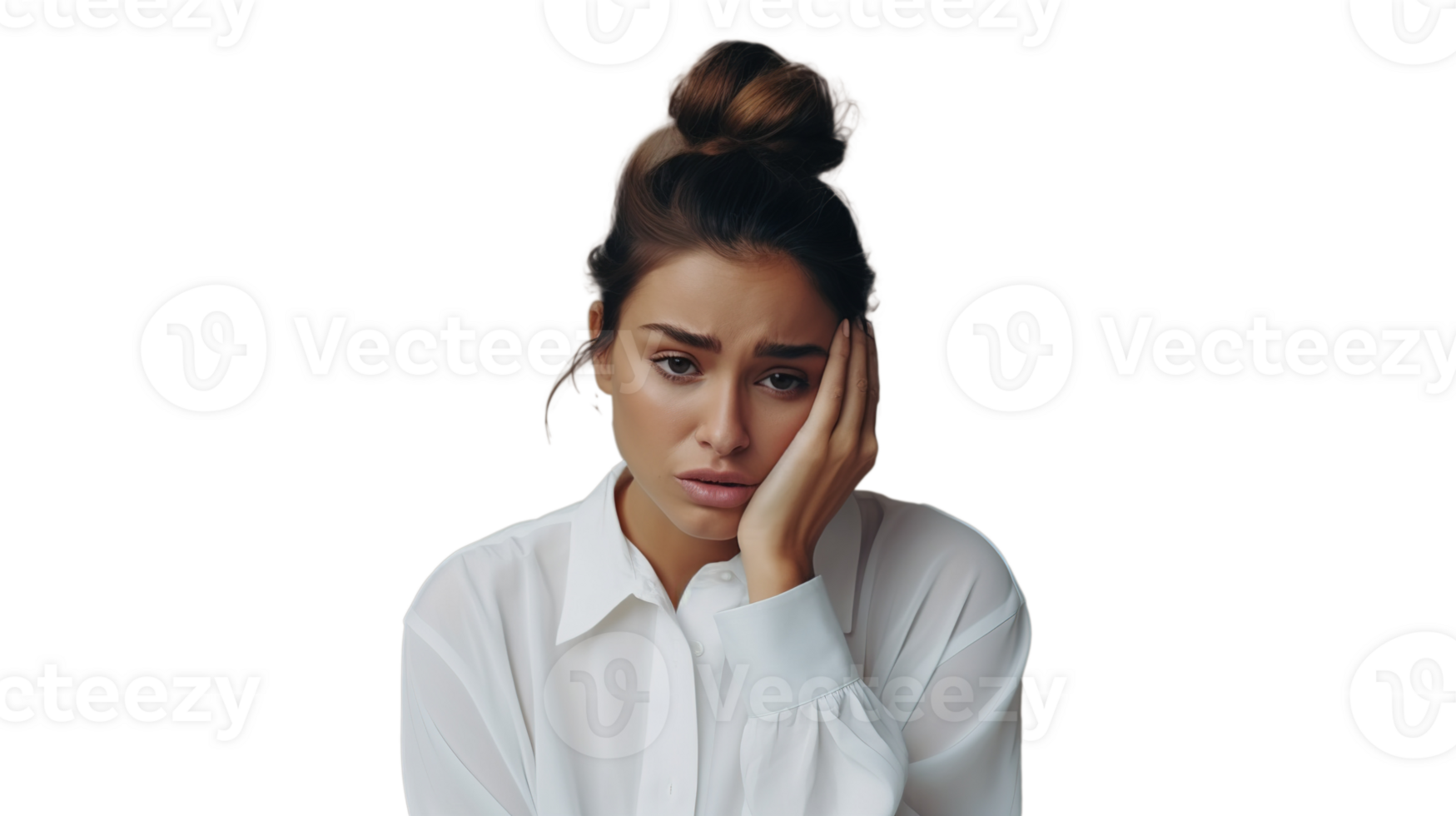 Stressed Woman on Transparent Background. Overthinking, Uncertain png