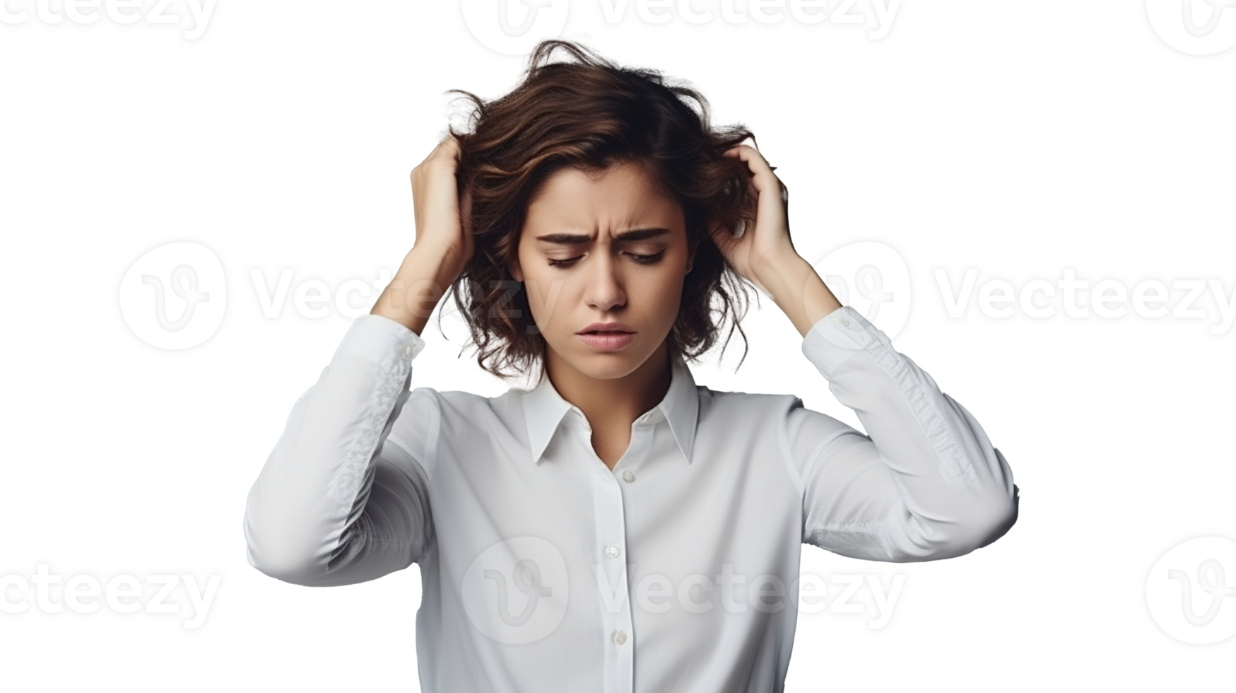 Stressed Woman on Transparent Background. Overthinking, Uncertain, Troubled png