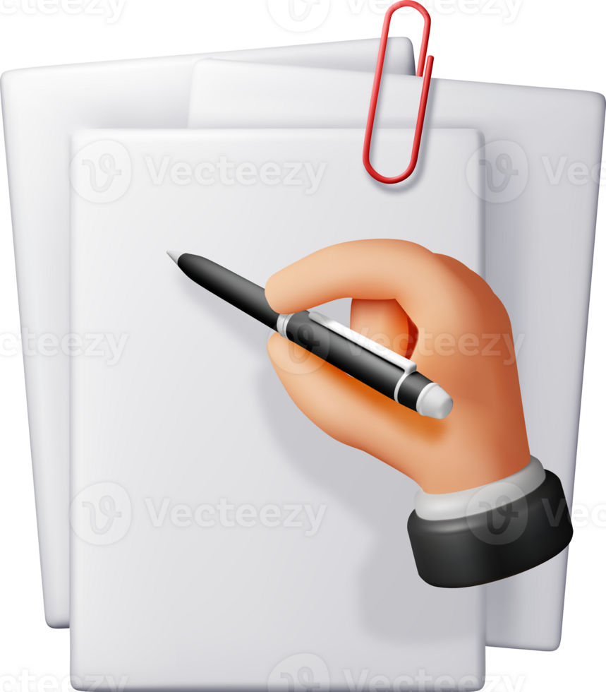 3d white blank paper page and hand with pen png