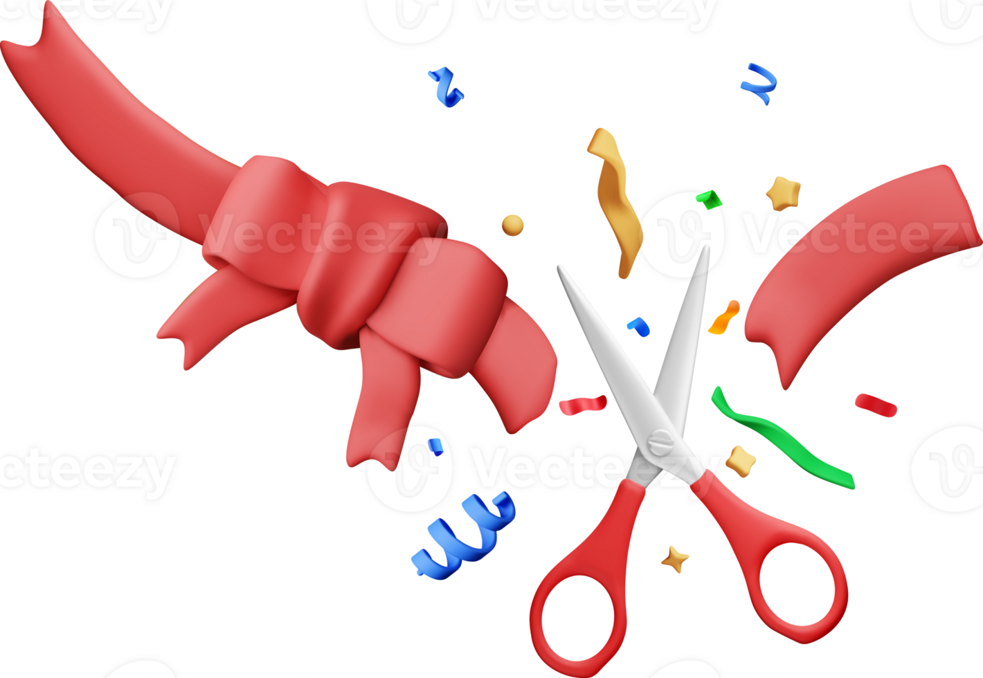 3D scissors cut red ribbon with bow in confetti png
