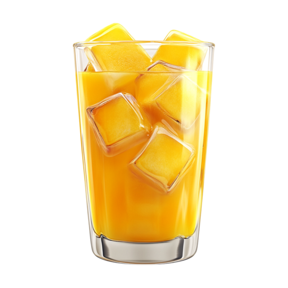 glass of orange juice with ice cubes on transparent background png